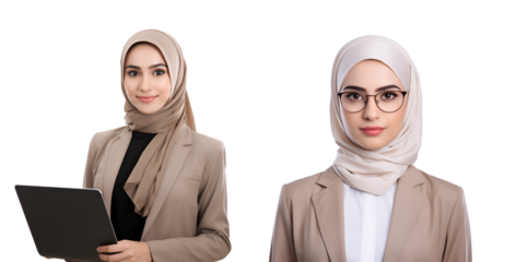 Smiling Islamic Women in Hijab and Glasses: A Set of Muslim Businesswomen with Laptops, Isolated on Transparent Background, PNG