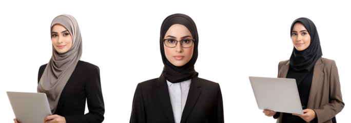 Islamic Businesswoman Set: Smiling Muslim Women with Laptops in Glasses and Hijab, Isolated on Transparent Background, PNG