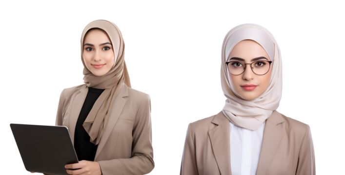 Smiling Islamic Women in Hijab and Glasses: A Set of Muslim Businesswomen with Laptops, Isolated on Transparent Background, PNG