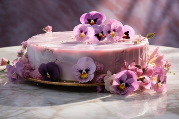 ideas for photo studio. photo of a cake decorated with edible flowers, violets, roses and daisies on a marble table. top view