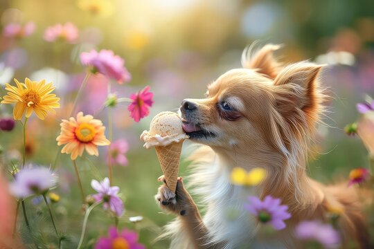A photo of a small dog licking a tiny ice cream cone in a garden full of summer flowers, in a cute, 