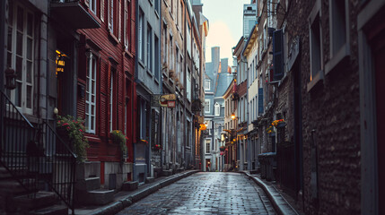 A historic district in a city with old buildings and narrow streets.