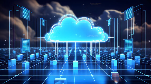 Cloud computing concept background. Digital data processing in the virtual cloud abstract background. Glowing digital cloud with pixels, lines, connectivity, and data flow in the virtual world. 