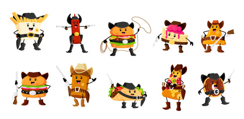 Cartoon fast food cowboy and ranger, bandit and sheriff characters. Vector french fries, ketchup bottle, nachos, donut and burger. Pizza slice, coffee cup, cheesecake and taco wild west personages