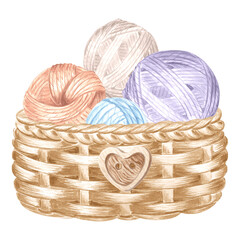 Tangles of colorful yarn and threads in wicker basket. Watercolor illustration template of balls of...