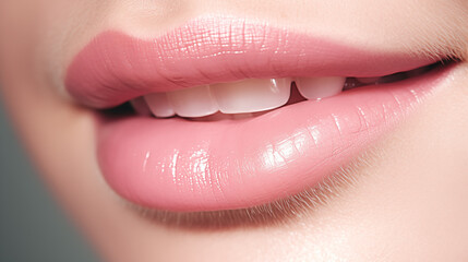 Fototapeta premium Beautiful perfect lips, mouth close-up. Young woman with a beautiful smile. Natural, plump, full lips on a white background. Lip augmentation concept