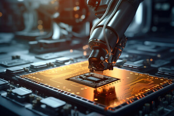 Automated robot arm assembling processor on circuit board. AI Automated robotics factory of electronic industry 