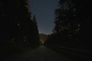 Night scene in the Polish Tatra Mountains, descent from the national park to the city of Zakopane.