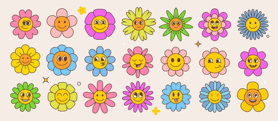 Retro groovy hippie daisy sunflower flowers cute happy characters. Isolated vector joyful and whimsical garden chamomile blossom faces, radiating vibrant energy, positive smiles summer vibes