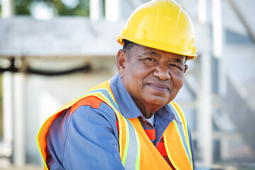 Portrait of elderly Asian male architect wearing a safety vest and yellow helmet at a construction site looking at the camera.