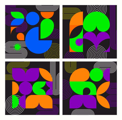 Modern purple, orange and green abstract geometric bauhaus tile pattern. Contemporary vector design features bold colors and shapes, merging form and function in visually dynamic and harmonious art - 716657626