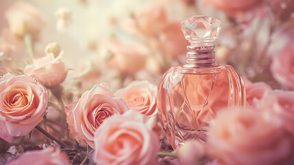 Obraz na płótnie Canvas A vintage-style perfume bottle surrounded by soft-focus roses, capturing the essence of timeless romance