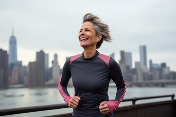 Portrait of a smiling woman in her 50s showing off a lightweight base layer against a stunning...