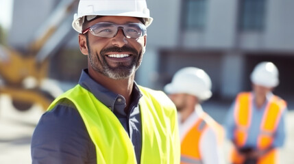 Male engineer at the construction site looking very happy.