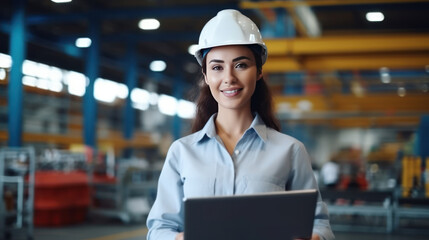 Close up smiling face of engineer manager leader woman wearing helmet holding laptop looking at camera at manufacturing factory.