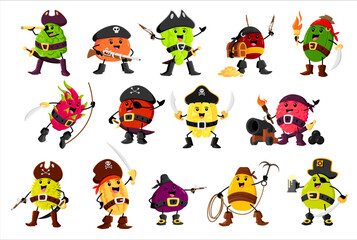 Cartoon fruit pirate and corsair characters. Vector bergamot, orange, grapes and passion, dragon or star fruit. Feijoa, lychee, durian or jackfruit, figs, mango and pear. Carambola, apple and melon