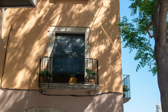Flowers, plants and rolets on the spanish balcony in summer day.