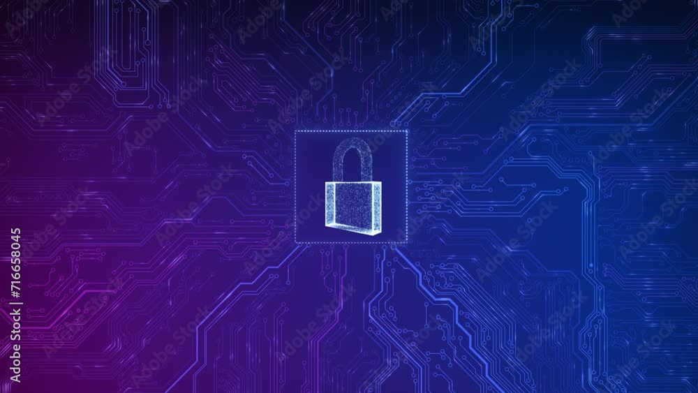Poster security hologram virtual hud pin with shield and lock. concept of finance data privacy and smartpho
