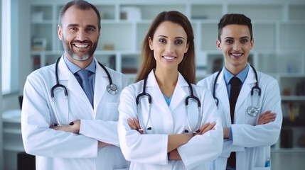 Fototapeta premium Team of smiling doctors looking at camera with arms crossed in medical office.