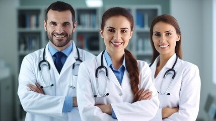 Team of smiling doctors looking at camera with arms crossed in medical office.