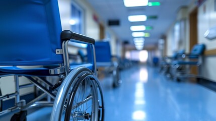 Row of unoccupied wheelchairs placed in a hospital corridor, healthcare and medical concept