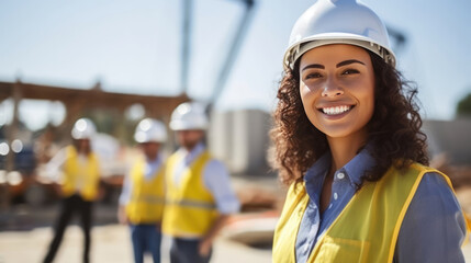 Female architect at a construction site looking happy. - obrazy, fototapety, plakaty