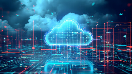 Cloud computing concept background. Digital data processing in the virtual cloud abstract background. Glowing digital cloud with pixels, lines, connectivity, and data flow in the virtual world.  - obrazy, fototapety, plakaty