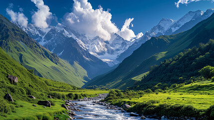 Naklejka na ściany i meble A majestic Eastern Himalayan landscape showcasing towering snow-capped peaks lush green valleys and crystal-clear rivers.