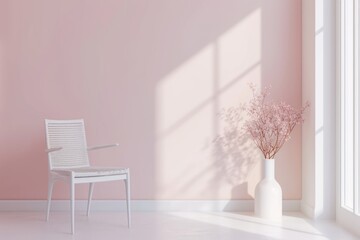 Minimalistic modern light interior area with a panoramic window, a white chair and a big vase with a dry bouquet for relax, reading, zen and meditation, copy space