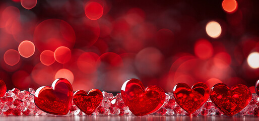 A garland of red glass hearts lies on a red mirror background, with a bright bokeh glowing in the background. Banner, romantic background for Valentine's Day with place for text