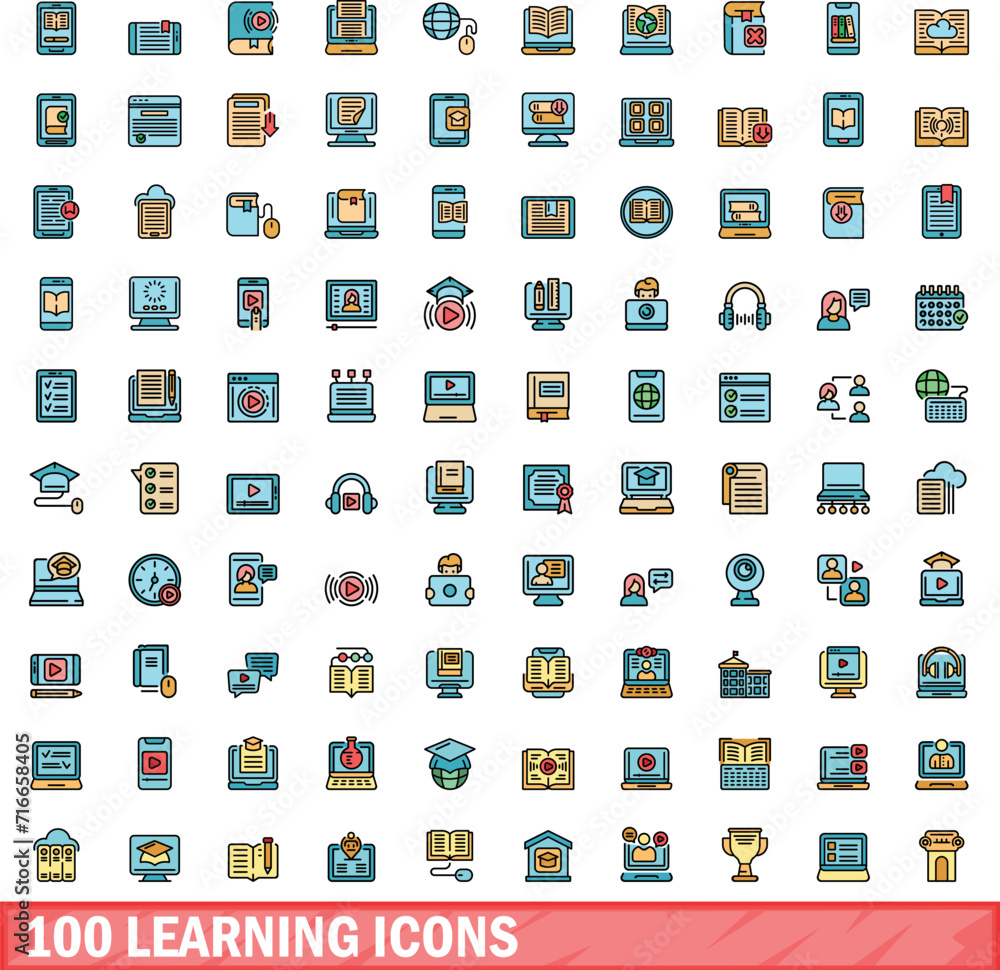 Poster 100 learning icons set. color line set of learning vector icons thin line color flat on white