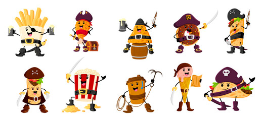Cartoon fast food pirate and corsair characters. Isolated vector french fries, chicken drumstick, nachos, donut and burrito. Pop corn, coffee, ice cream and taco adventurous buccaneer personages