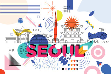 Typography word Seoul branding technology concept. Collection of flat vector web memphis and Bauhaus elements. South Korean culture travel set, famous architecture, landmark. Abstract geometric poster