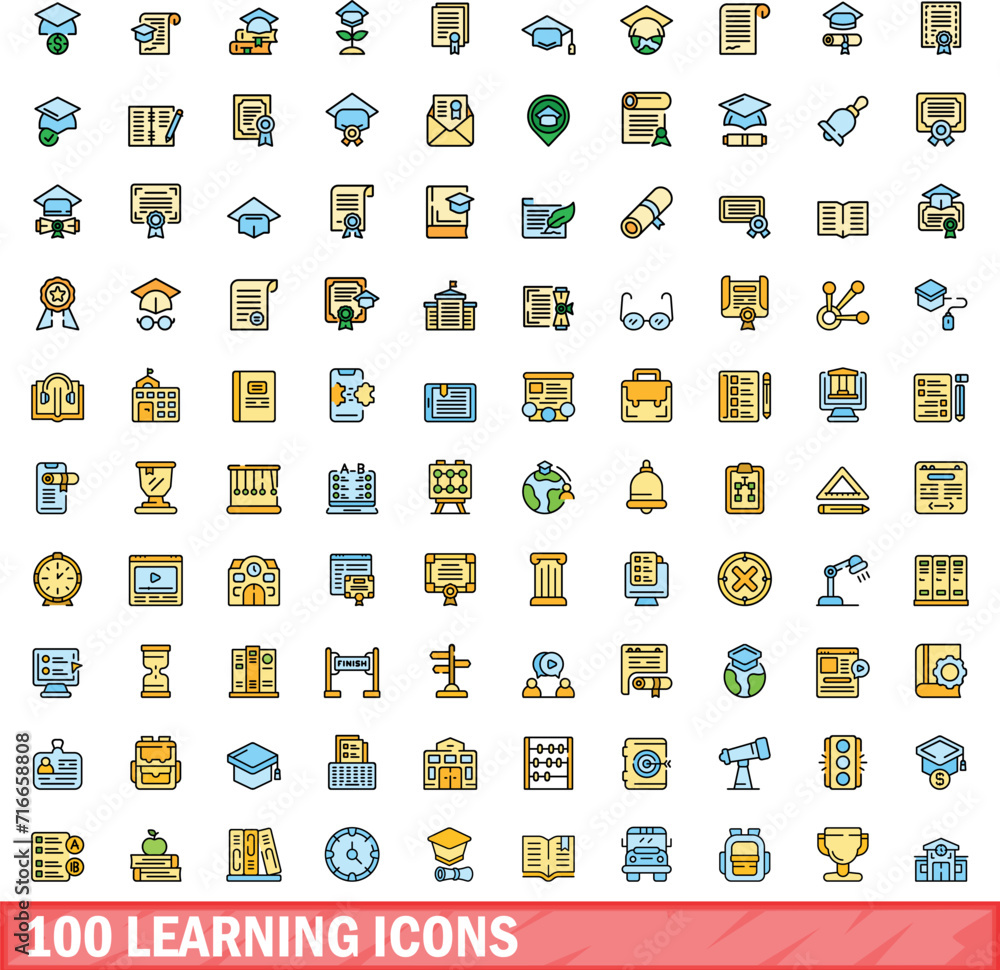 Poster 100 learning icons set. color line set of learning vector icons thin line color flat on white