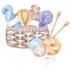 Skeins of yarn and tangles of threads in basket, wooden knitting needles. Watercolor template...