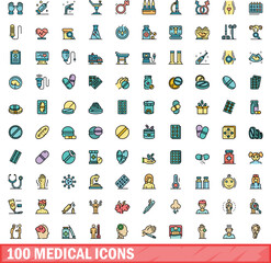100 medical icons set. Color line set of medical vector icons thin line color flat on white