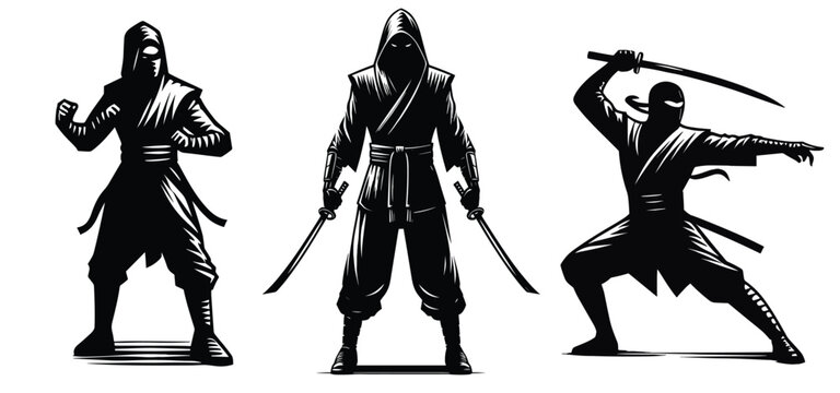logo set of ninja silhouette illustrations on isolated background