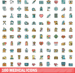 100 medical icons set. Color line set of medical vector icons thin line color flat on white