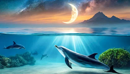 Tuinposter background of amazing crescent full moon over the sea and dolphins under the sea © blackdiamond67