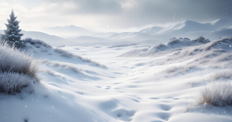 Snow blankets a serene winter landscape, where frost-kissed trees stand tall in a snowy forest beneath a crisp blue sky