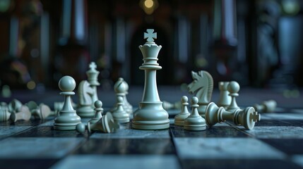 3d animation, chess game battle, white king chess piece jumps down, aggressive attack, all pawns fall down. Successful strategy, champion metaphor, leadership concept   