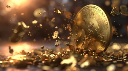 3d animation. Abstract financial background, gold bitcoin symbol falls down, broken obstacles fly apart, currency exchange rate concept. Business metaphor    - obrazy, fototapety, plakaty