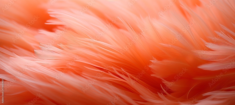 Poster peach fuzz feather texture, trendy macro background with apricot fluffy feather, 2024 color of year.