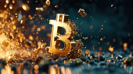 3d animation. Abstract financial background, gold bitcoin symbol falls down, broken obstacles fly apart, currency exchange rate concept. Business metaphor   