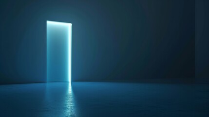 3d render, abstract blue geometric background. Bright light going through the door portal inside the empty dark room   