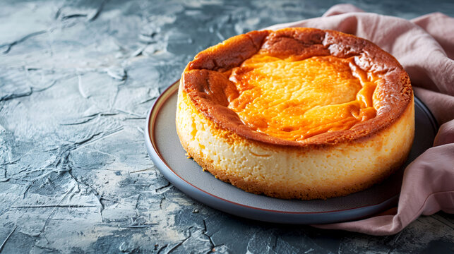 Basque cheesecake on textured background, copy space. Bright orange cheesecake on a gray plate. Sunny citrus cheesecake with crusted edge. Whole orange-flavored cheesecake on textured backdrop
