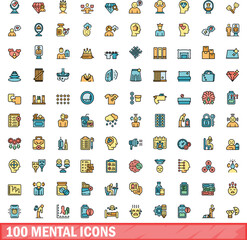 100 mental icons set. Color line set of mental vector icons thin line color flat on white