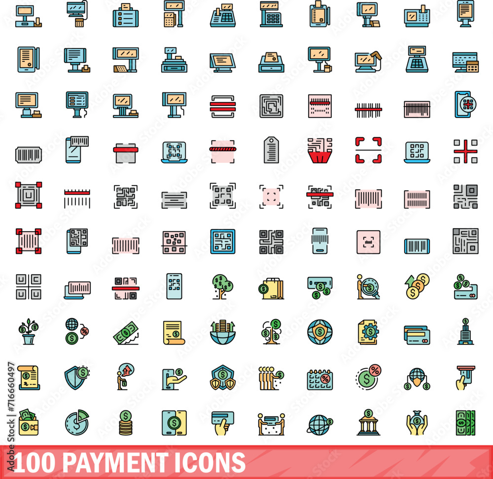Poster 100 payment icons set. color line set of payment vector icons thin line color flat on white