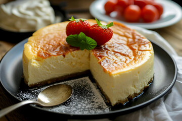 Basque cheesecake on a dark ceramic plate with fresh strawberry and mint garnish, close up. Rich cheesecake slice with fruit and powdered sugar. Creamy burnt cheesecake