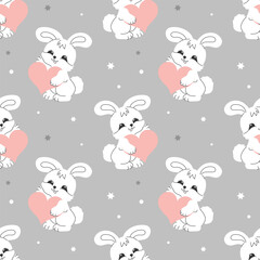 Seamless pattern with cute white bunnies on a pastel background with stars. Baby print, design for Nursery bedroom. Vector
